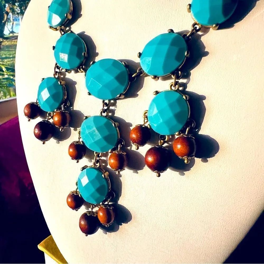 Vintage Chunky Faux Turquoise & Real Wood Avon Statement Bib Necklace